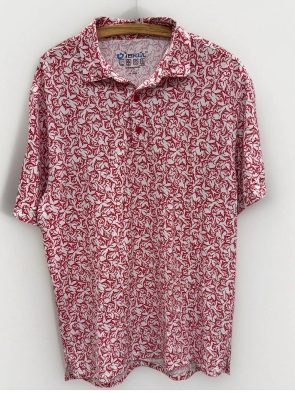 IBKUL Fish Marlin Print Polo Mens Large UPF 50 Golf Shirt Red White Performance